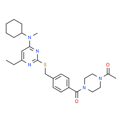 ChemSpider 2D Image | 1-(4-{4-[({4-[Cyclohexyl(methyl)amino]-6-ethyl-2-pyrimidinyl}sulfanyl)methyl]benzoyl}-1-piperazinyl)ethanone | C27H37N5O2S