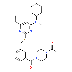 ChemSpider 2D Image | 1-(4-{3-[({4-[Cyclohexyl(methyl)amino]-6-ethyl-2-pyrimidinyl}sulfanyl)methyl]benzoyl}-1-piperazinyl)ethanone | C27H37N5O2S