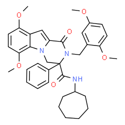 ChemSpider 2D Image | N-Cycloheptyl-2-(2,5-dimethoxybenzyl)-6,9-dimethoxy-1-oxo-3-phenyl-1,2,3,4-tetrahydropyrazino[1,2-a]indole-3-carboxamide | C36H41N3O6