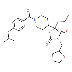 ChemSpider 2D Image | 5-[1-(4-Isobutylbenzoyl)-4-piperidinyl]-5-propyl-3-(tetrahydro-2-furanylmethyl)-2,4-imidazolidinedione | C27H39N3O4