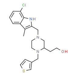 ChemSpider 2D Image | 2-{4-[(7-Chloro-3-methyl-1H-indol-2-yl)methyl]-1-(3-thienylmethyl)-2-piperazinyl}ethanol | C21H26ClN3OS