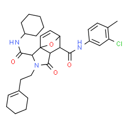 ChemSpider 2D Image | N~6~-(3-Chloro-4-methylphenyl)-3-[2-(1-cyclohexen-1-yl)ethyl]-N~2~-cyclohexyl-4-oxo-10-oxa-3-azatricyclo[5.2.1.0~1,5~]dec-8-ene-2,6-dicarboxamide | C31H38ClN3O4
