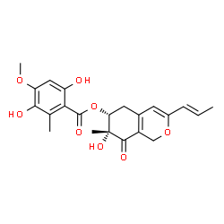 ChemSpider 2D Image | (6R,7R)-7-Hydroxy-7-methyl-8-oxo-3-[(1E)-1-propen-1-yl]-5,6,7,8-tetrahydro-1H-isochromen-6-yl 3,6-dihydroxy-4-methoxy-2-methylbenzoate | C22H24O8