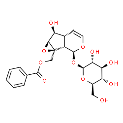 ChemSpider 2D Image | [(1aS,1bS,2S,5aR,6S,6aS)-2-(beta-D-Glucopyranosyloxy)-6-hydroxy-1b,5a,6,6a-tetrahydrooxireno[4,5]cyclopenta[1,2-c]pyran-1a(2H)-yl]methyl benzoate | C22H26O11