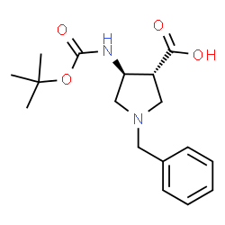 ChemSpider 2D Image | (3R,4S)-1-Benzyl-4-({[(2-methyl-2-propanyl)oxy]carbonyl}amino)-3-pyrrolidinecarboxylic acid | C17H24N2O4