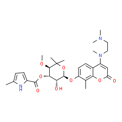 ChemSpider 2D Image | (3R,4S,5R,6R)-6-[(4-{[2-(dimethylamino)ethyl](methyl)amino}-8-methyl-2-oxo-2H-chromen-7-yl)oxy]-5-hydroxy-3-methoxy-2,2-dimethyltetrahydro-2H-pyran-4-yl 5-methyl-1H-pyrrole-2-carboxylate (non-preferred name) | C29H39N3O8