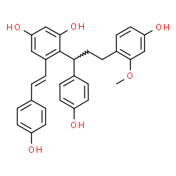 ChemSpider 2D Image | 4-[3-(4-Hydroxy-2-methoxyphenyl)-1-(4-hydroxyphenyl)propyl]-5-[(E)-2-(4-hydroxyphenyl)vinyl]-1,3-benzenediol | C30H28O6