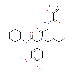 ChemSpider 2D Image | N-(2-{Butyl[2-(cyclohexylamino)-1-(3,4-dimethoxyphenyl)-2-oxoethyl]amino}-2-oxoethyl)-2-furamide | C27H37N3O6