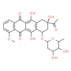 ChemSpider 2D Image | (3S)-3-Acetyl-3,5,12-trihydroxy-10-methoxy-6,11-dioxo-1,2,3,4,6,11-hexahydro-1-tetracenyl 2,6-dideoxyhexopyranoside | C27H28O11