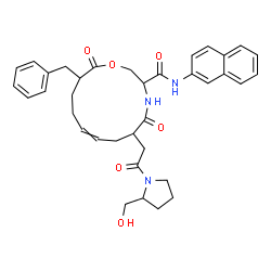 ChemSpider 2D Image | 12-Benzyl-6-{2-[2-(hydroxymethyl)-1-pyrrolidinyl]-2-oxoethyl}-N-(2-naphthyl)-5,13-dioxo-1-oxa-4-azacyclotridec-8-ene-3-carboxamide | C36H41N3O6