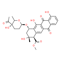 ChemSpider 2D Image | Methyl (1R,2R,4S)-4-{[(2R,5S)-5-acetyl-5-hydroxy-6-methyltetrahydro-2H-pyran-2-yl]oxy}-2,5,7-trihydroxy-2-methyl-6,11-dioxo-1,2,3,4,6,11-hexahydro-1-tetracenecarboxylate | C29H30O11