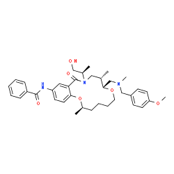 ChemSpider 2D Image | N-[(2R,8R,9S)-11-[(2R)-1-Hydroxy-2-propanyl]-8-{[(4-methoxybenzyl)(methyl)amino]methyl}-2,9-dimethyl-12-oxo-3,4,5,6,9,10,11,12-octahydro-2H,8H-1,7,11-benzodioxazacyclotetradecin-14-yl]benzamide | C37H49N3O6