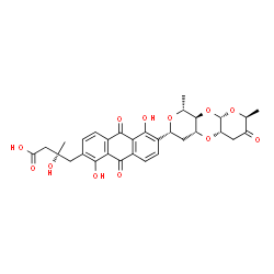 ChemSpider 2D Image | (3R)-4-{6-[(2S,4aS,5aR,7R,9R,9aR,10aR)-2,9-Dimethyl-3-oxooctahydro-2H,5aH-dipyrano[2,3-b:4',3'-e][1,4]dioxin-7-yl]-1,5-dihydroxy-9,10-dioxo-9,10-dihydro-2-anthracenyl}-3-hydroxy-3-methylbutanoic acid 
(non-preferred name) | C31H32O12