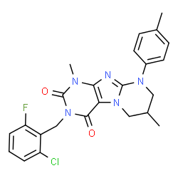 ChemSpider 2D Image | 3-(2-Chloro-6-fluorobenzyl)-1,7-dimethyl-9-(4-methylphenyl)-6,7,8,9-tetrahydropyrimido[2,1-f]purine-2,4(1H,3H)-dione | C24H23ClFN5O2
