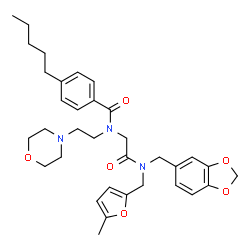 ChemSpider 2D Image | N-(2-{(1,3-Benzodioxol-5-ylmethyl)[(5-methyl-2-furyl)methyl]amino}-2-oxoethyl)-N-[2-(4-morpholinyl)ethyl]-4-pentylbenzamide | C34H43N3O6