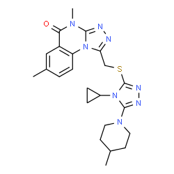 ChemSpider 2D Image | 1-({[4-Cyclopropyl-5-(4-methyl-1-piperidinyl)-4H-1,2,4-triazol-3-yl]sulfanyl}methyl)-4,7-dimethyl[1,2,4]triazolo[4,3-a]quinazolin-5(4H)-one | C23H28N8OS