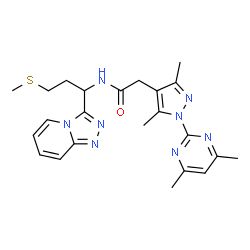 ChemSpider 2D Image | 2-[1-(4,6-Dimethyl-2-pyrimidinyl)-3,5-dimethyl-1H-pyrazol-4-yl]-N-[3-(methylsulfanyl)-1-([1,2,4]triazolo[4,3-a]pyridin-3-yl)propyl]acetamide | C23H28N8OS