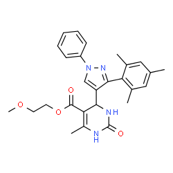 ChemSpider 2D Image | 2-Methoxyethyl 4-(3-mesityl-1-phenyl-1H-pyrazol-4-yl)-6-methyl-2-oxo-1,2,3,4-tetrahydro-5-pyrimidinecarboxylate | C27H30N4O4