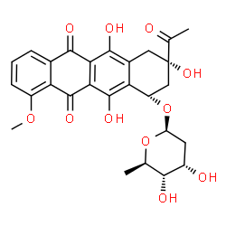 ChemSpider 2D Image | (1S,3S)-3-Acetyl-3,5,12-trihydroxy-10-methoxy-6,11-dioxo-1,2,3,4,6,11-hexahydro-1-tetracenyl 2,6-dideoxy-beta-D-ribo-hexopyranoside | C27H28O11
