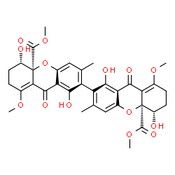 ChemSpider 2D Image | Dimethyl (5S,5'S,10aS,10a'S)-1,1',5,5'-tetrahydroxy-8,8'-dimethoxy-3,3'-dimethyl-9,9'-dioxo-5,5',6,6',7,7',9,9'-octahydro-10aH,10a'H-2,2'-bixanthene-10a,10a'-dicarboxylate | C34H34O14