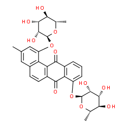 ChemSpider 2D Image | 1-[(6-Deoxy-alpha-L-mannopyranosyl)oxy]-3-methyl-7,12-dioxo-7,12-dihydro-8-tetraphenyl 6-deoxy-alpha-L-mannopyranoside | C31H32O12