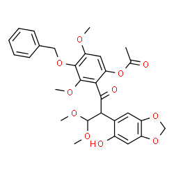 ChemSpider 2D Image | 4-(Benzyloxy)-2-[2-(6-hydroxy-1,3-benzodioxol-5-yl)-3,3-dimethoxypropanoyl]-3,5-dimethoxyphenyl acetate | C29H30O11