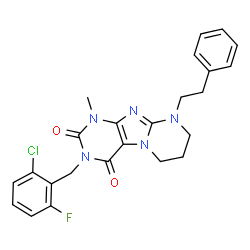 ChemSpider 2D Image | 3-(2-Chloro-6-fluorobenzyl)-1-methyl-9-(2-phenylethyl)-6,7,8,9-tetrahydropyrimido[2,1-f]purine-2,4(1H,3H)-dione | C24H23ClFN5O2