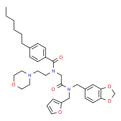 ChemSpider 2D Image | N-{2-[(1,3-Benzodioxol-5-ylmethyl)(2-furylmethyl)amino]-2-oxoethyl}-4-hexyl-N-[2-(4-morpholinyl)ethyl]benzamide | C34H43N3O6