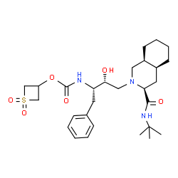 ChemSpider 2D Image | 1,1-Dioxido-3-thietanyl {(2S,3R)-3-hydroxy-4-[(3S,4aS,8aS)-3-[(2-methyl-2-propanyl)carbamoyl]octahydro-2(1H)-isoquinolinyl]-1-phenyl-2-butanyl}carbamate | C28H43N3O6S