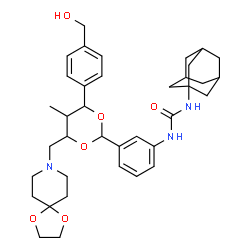 ChemSpider 2D Image | 1-Adamantan-1-yl-3-(3-{4-(1,4-dioxa-8-azaspiro[4.5]dec-8-ylmethyl)-6-[4-(hydroxymethyl)phenyl]-5-methyl-1,3-dioxan-2-yl}phenyl)urea | C37H49N3O6