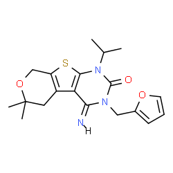 ChemSpider 2D Image | (4Z)-3-(2-Furylmethyl)-4-imino-1-isopropyl-6,6-dimethyl-1,3,4,5,6,8-hexahydro-2H-pyrano[4',3':4,5]thieno[2,3-d]pyrimidin-2-one | C19H23N3O3S