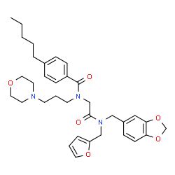 ChemSpider 2D Image | N-{2-[(1,3-Benzodioxol-5-ylmethyl)(2-furylmethyl)amino]-2-oxoethyl}-N-[3-(4-morpholinyl)propyl]-4-pentylbenzamide | C34H43N3O6