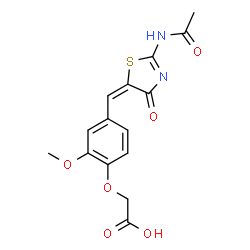 ChemSpider 2D Image | {4-[(E)-(2-Acetamido-4-oxo-1,3-thiazol-5(4H)-ylidene)methyl]-2-methoxyphenoxy}acetic acid | C15H14N2O6S