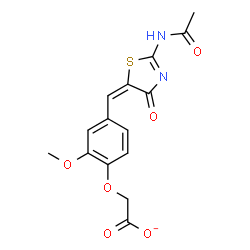ChemSpider 2D Image | {4-[(E)-(2-Acetamido-4-oxo-1,3-thiazol-5(4H)-ylidene)methyl]-2-methoxyphenoxy}acetate | C15H13N2O6S
