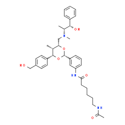 ChemSpider 2D Image | 6-Acetamido-N-{3-[(2R,4S,5S,6R)-4-[4-(hydroxymethyl)phenyl]-6-({[(1S,2R)-1-hydroxy-1-phenyl-2-propanyl](methyl)amino}methyl)-5-methyl-1,3-dioxan-2-yl]phenyl}hexanamide | C37H49N3O6