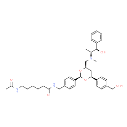 ChemSpider 2D Image | 6-Acetamido-N-{4-[(2R,4S,6R)-4-[4-(hydroxymethyl)phenyl]-6-({[(1R,2S)-1-hydroxy-1-phenyl-2-propanyl](methyl)amino}methyl)-1,3-dioxan-2-yl]benzyl}hexanamide | C37H49N3O6