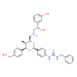 ChemSpider 2D Image | 1-Benzyl-3-(4-{(2S,4S,5R,6R)-4-({[(2S)-2-hydroxy-2-(3-hydroxyphenyl)ethyl](methyl)amino}methyl)-6-[4-(hydroxymethyl)phenyl]-5-methyl-1,3-dioxan-2-yl}phenyl)urea | C36H41N3O6