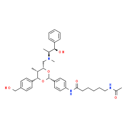 ChemSpider 2D Image | 6-Acetamido-N-{4-[(2R,4S,5S,6R)-4-[4-(hydroxymethyl)phenyl]-6-({[(1R,2S)-1-hydroxy-1-phenyl-2-propanyl](methyl)amino}methyl)-5-methyl-1,3-dioxan-2-yl]phenyl}hexanamide | C37H49N3O6