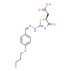ChemSpider 2D Image | {(5S)-2-[(2Z)-2-(4-Butoxybenzylidene)hydrazino]-4-oxo-4,5-dihydro-1,3-thiazol-5-yl}acetic acid | C16H19N3O4S