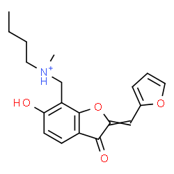 ChemSpider 2D Image | N-{[2-(2-Furylmethylene)-6-hydroxy-3-oxo-2,3-dihydro-1-benzofuran-7-yl]methyl}-N-methyl-1-butanaminium | C19H22NO4