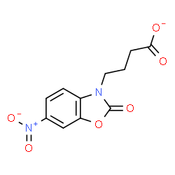 ChemSpider 2D Image | 4-(6-Nitro-2-oxo-1,3-benzoxazol-3(2H)-yl)butanoate | C11H9N2O6