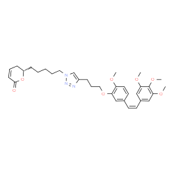 ChemSpider 2D Image | (6S)-6-{5-[4-(3-{2-Methoxy-5-[(Z)-2-(3,4,5-trimethoxyphenyl)vinyl]phenoxy}propyl)-1H-1,2,3-triazol-1-yl]pentyl}-5,6-dihydro-2H-pyran-2-one | C33H41N3O7