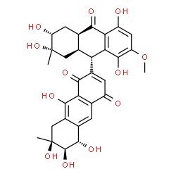 ChemSpider 2D Image | (2'S,3'R,4a'R,5S,6R,7S,9'R,9a'R)-2',3',5,5',6,7,8',9-Octahydroxy-7'-methoxy-2',7-dimethyl-2',3',4',4a',5,6,7,8,9',9a'-decahydro-2,9'-bianthracene-1,4,10'(1'H)-trione | C31H32O12