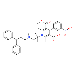 ChemSpider 2D Image | 1-{1-[(3,3-Diphenylpropyl)(methyl)amino]-2-methyl-2-propanyl}-5-(methoxycarbonyl)-2,6-dimethyl-4-(3-nitrophenyl)-1,4-dihydro-3-pyridinecarboxylic acid | C36H41N3O6