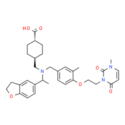 ChemSpider 2D Image | trans-4-[([1-(2,3-Dihydro-1-benzofuran-5-yl)ethyl]{3-methyl-4-[2-(3-methyl-2,6-dioxo-3,6-dihydro-1(2H)-pyrimidinyl)ethoxy]benzyl}amino)methyl]cyclohexanecarboxylic acid | C33H41N3O6