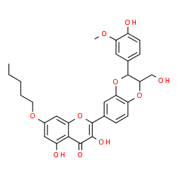 ChemSpider 2D Image | 3,5-Dihydroxy-2-[3-(4-hydroxy-3-methoxyphenyl)-2-(hydroxymethyl)-2,3-dihydro-1,4-benzodioxin-6-yl]-7-(pentyloxy)-4H-chromen-4-one | C30H30O10
