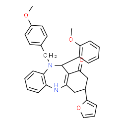 ChemSpider 2D Image | (3R,11S)-3-(2-Furyl)-10-(4-methoxybenzyl)-11-(2-methoxyphenyl)-2,3,4,5,10,11-hexahydro-1H-dibenzo[b,e][1,4]diazepin-1-one | C32H30N2O4