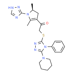 ChemSpider 2D Image | 1-[(5S)-2,5-Dimethyl-1-(1H-1,2,4-triazol-3-yl)-4,5-dihydro-1H-pyrrol-3-yl]-2-{[4-phenyl-5-(1-piperidinyl)-4H-1,2,4-triazol-3-yl]sulfanyl}ethanone | C23H28N8OS