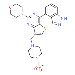 ChemSpider 2D Image | 4-(1H-Indazol-4-yl)-7-{[4-(methylsulfonyl)-1-piperazinyl]methyl}-2-(4-morpholinyl)thieno[3,2-d]pyrimidine | C23H27N7O3S2