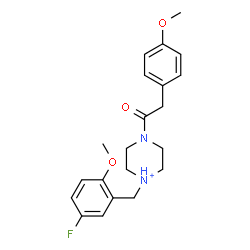 ChemSpider 2D Image | 1-(5-Fluoro-2-methoxybenzyl)-4-[(4-methoxyphenyl)acetyl]piperazin-1-ium | C21H26FN2O3